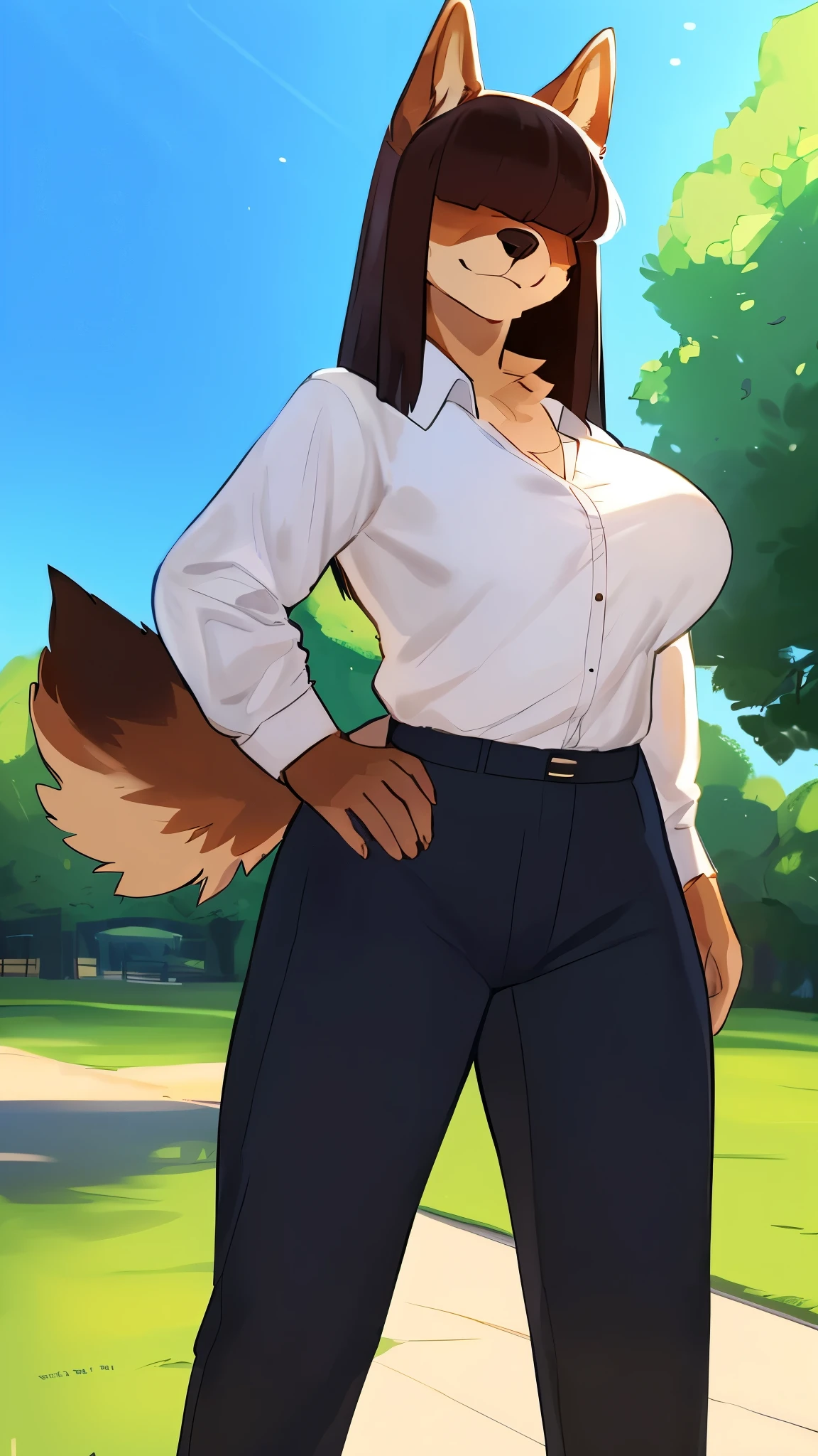 By bebebebebe, by lostgoose, by goonie-san, female, ((canine, snout, hair covering eyes, straight hair, medium hair, flat hair, ears, thin snout)), brown fur, (big poofy tail, raised tail), dark maroon hair, (muscular), big breasts, solo, blue blazer, white button up shirt, black dress pants, holy light, rim lighting, hands on hips, standing, park, smiling, smirking, charismatic, ((looking at viewer))