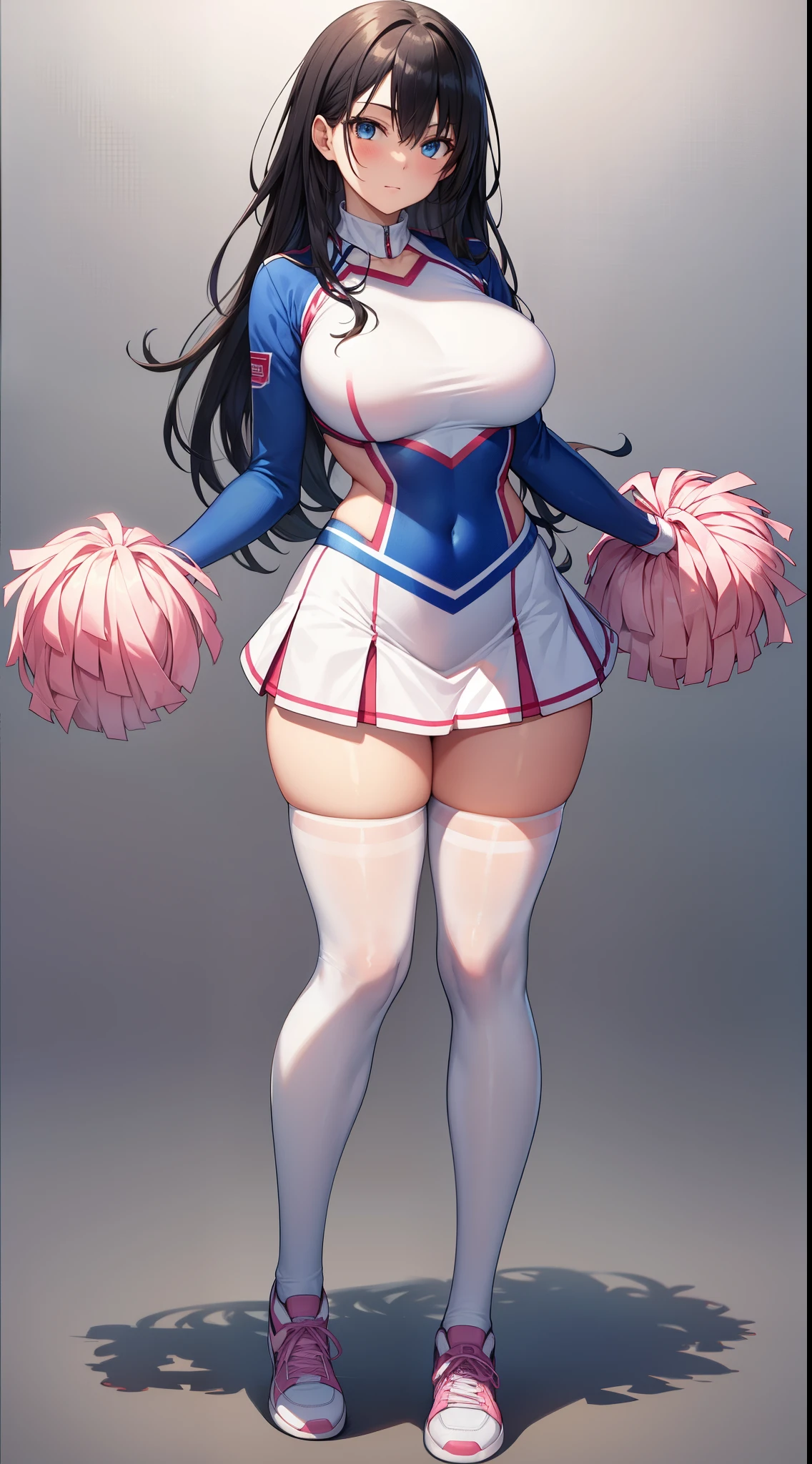 human woman, black hair, blue eyes, shapely legs, giant breasts, pink white  cheerleader uniform, high stockings, 8k, hd, masterpiece, perfect hands, full body, white background