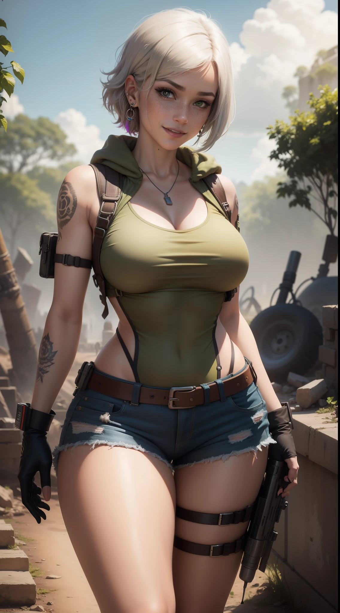 gwen tennyson,yorha 2b,lara croft,jill valentine,overwatch,tomb raider,close up, amazonian jungle ruins,tattoos,brown and orange plugsuit,white short sleeve military leotard,sleeveless military hoodie,cargo micro shorts,military harness,short punk hair,punk makeup,green eyes,multicolored silver hair, military gloves,sexy smile,freckles,beautiful girl,tall military boots,large breasts,8k,ultra detailed,realistic,fantasy art,fighting pose, military uniform,hair pin,ear piercings,(weather:windy),1girl,military gear,