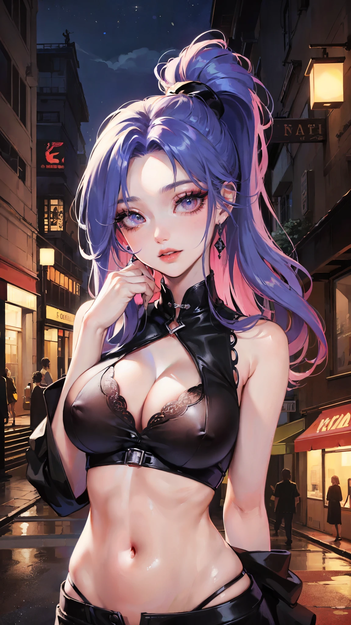 Jinx, Fleshy thighs, Instagram pose,Dynamic angle, ((Sleeveless shirt,Sleeveless)), ((Nipples, C cup)), Happy expression, (entire body image:1.5), (8K, Best quality, A high resolution:1.35), (RAW photo:1.2), (Photorealsitic:1.37), (Masterpiece: 1.25), Dramatic lighting, photon maping, Radio City, symmetry, Complexity, Elegance, (1 girl), Large of breast, (Long eyelashes), (detailed eyelashes), (eye shadows), (glowing eyes), ((Natural makeup, Clear facial features)), curvy build, (Showing stomach), (Fine detailed beautiful eyes: 1.2), Bad girl, Erotic, (((Street background, Night City, Night)))