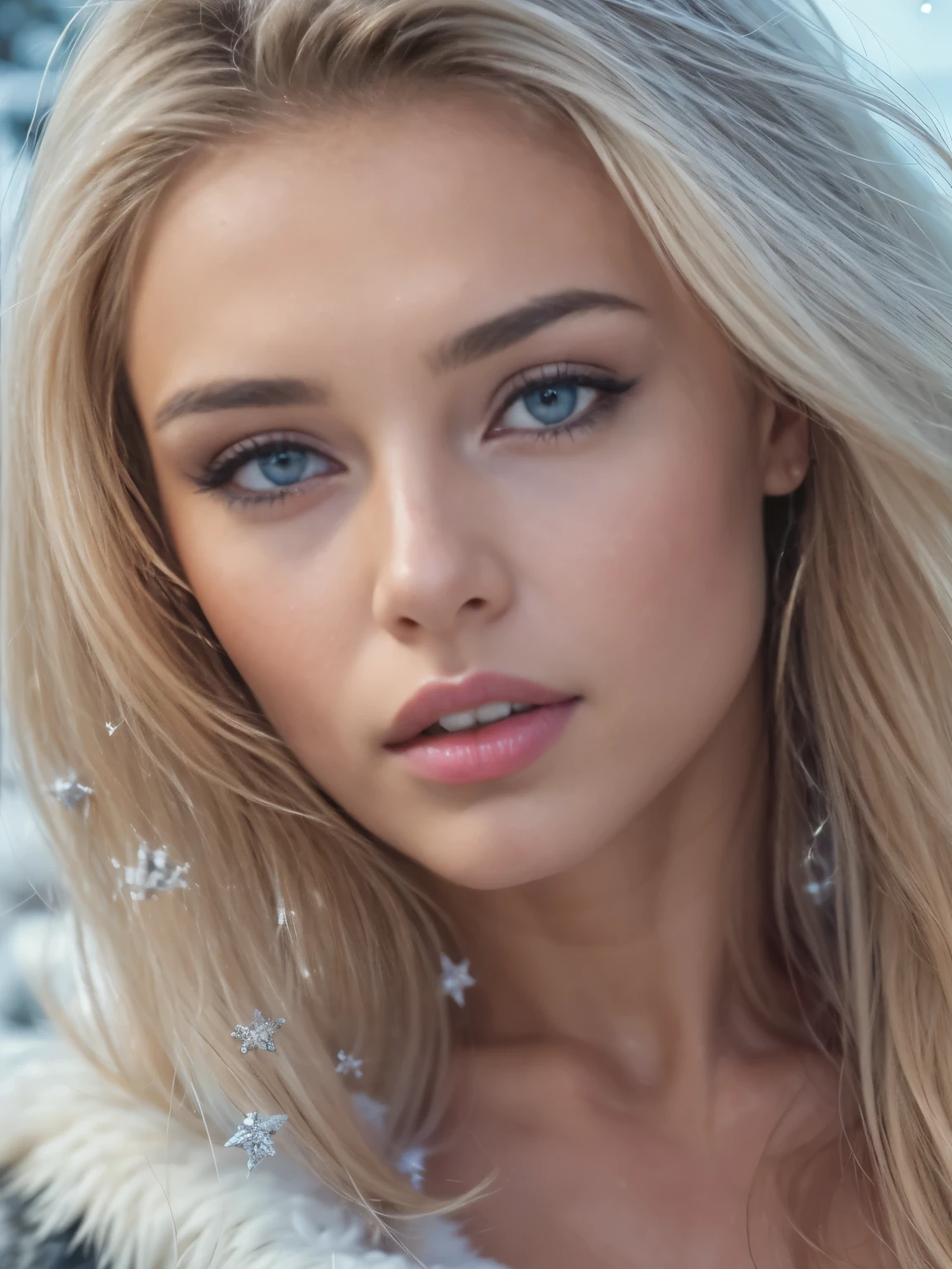 An ultra hot gorgeous European woman, age 23, blonde hair. she's a playmate, men magazine model. She Walk on snowy mountain trails,
Outside, winter starry night. Northern lights.
Perfect anatomy, perfect hair, perfect breast, perfect body, perfect hands, perfect face, UHD, retina, masterpiece, accurate, anatomically correct, textured skin,