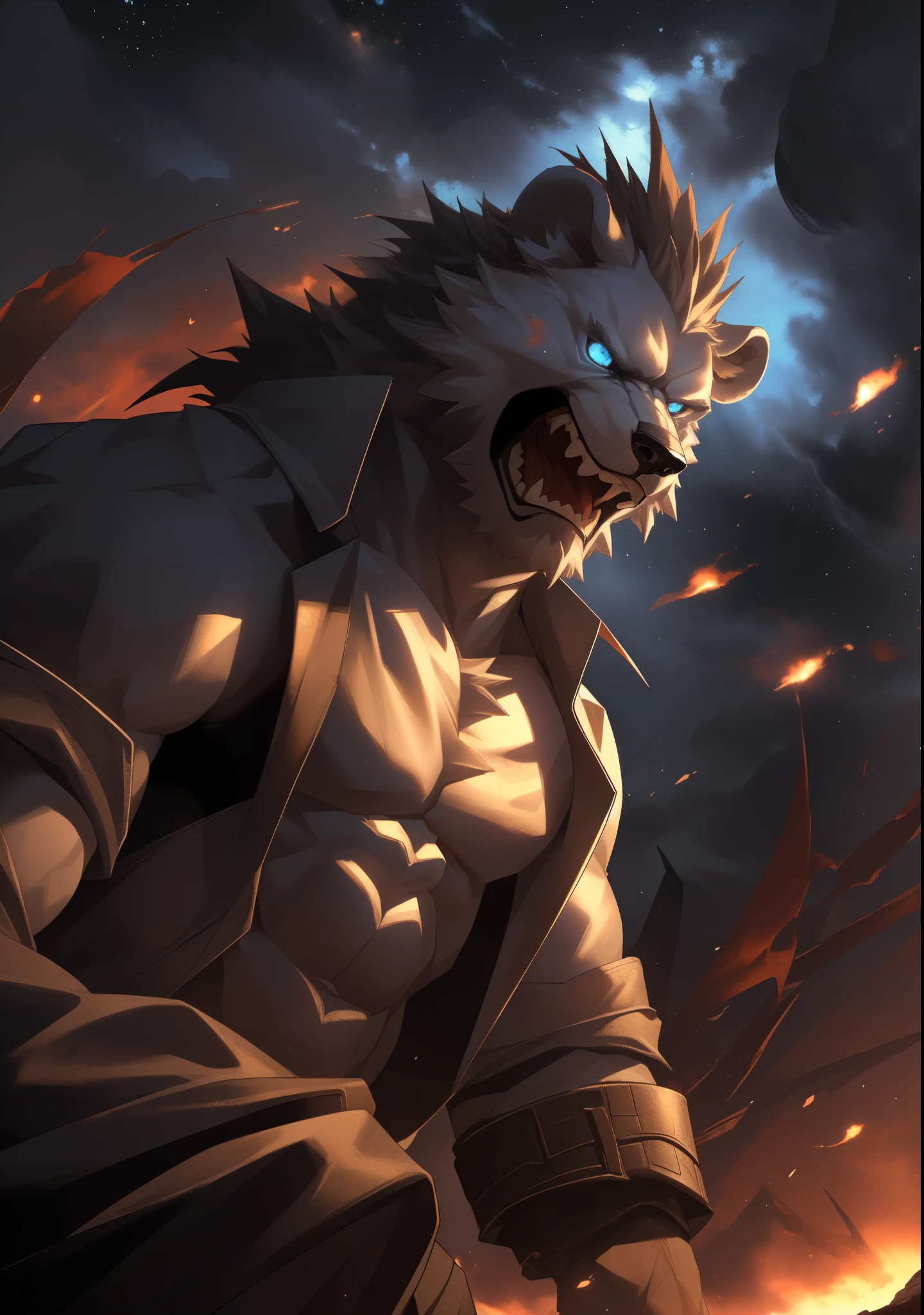 (best quality,4k,highres,masterpiece:1.2),ultra-detailed,(realistic,photorealistic,photo-realistic:1.37),male,solo,polar bear,muscular,spiky hair,blue eyes,yellow shirt,prison background,intimidating,Koda Kazuma,sharp focus,dangerous-looking,ominous lighting,strong posture,menacing presence,heavy atmosphere,exquisite fur texture,foreboding aura,imposing figure,vivid colors,emotional intensity,HDR,frozen environment,contrast of strength and vulnerability,expressive expression,striking contrast of darkness and light,hauntingly beautiful composition,powerful movements,raw power,subtle details,wilderness,impressive physique,stormy sky,colossal presence,rugged features,ferocious gaze,intense emotions,captivating and fierce,dominant pose,steady and focused,masculine energy,unyielding determination,fully clothed