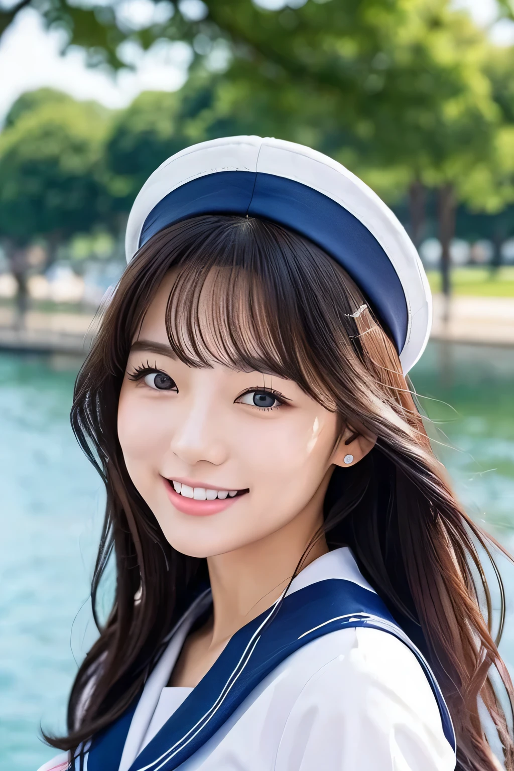 1girl,solo,brown hair,realistic,hat,long hair,looking at viewer,smile,lips,upper body,brown eyes,long sleeves,blurry background,blurry,watermark,bangs,school uniform,teeth,parted lips,white headwear,own hands together,sailor collar,