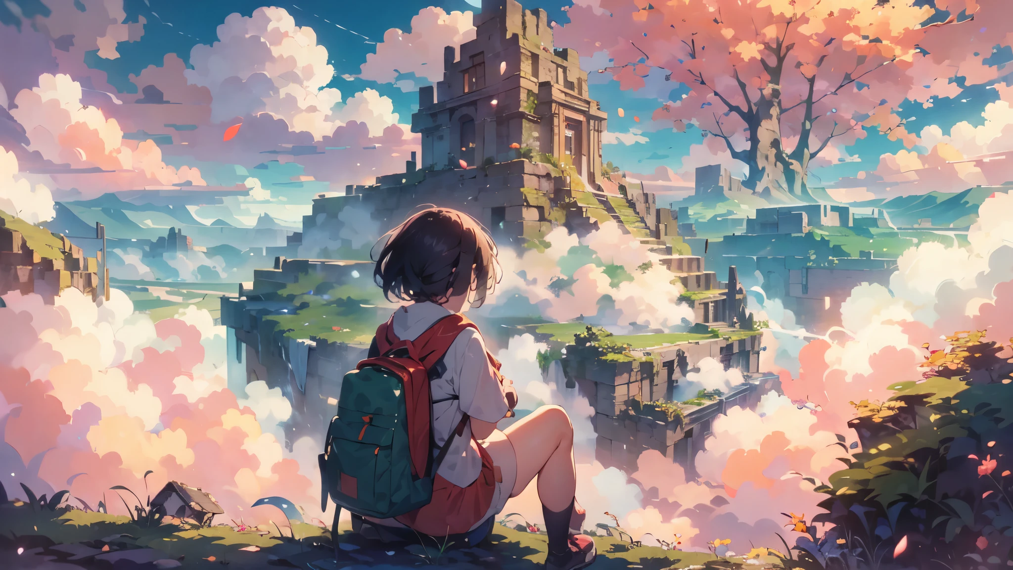 shinkai Mokoto and Ghibli anime style, from behind,above the cloud,a girl in adventure outfit sitting on a mossy stage looking at the majestic lost city and the giant world tree next to it, lost city above the cloud and towering sky, magical glowing partical, vibrant dreamy colorful sky and fluffy clouds, books, apple, glasses, calm,petal,wind blowing hair,sun shine