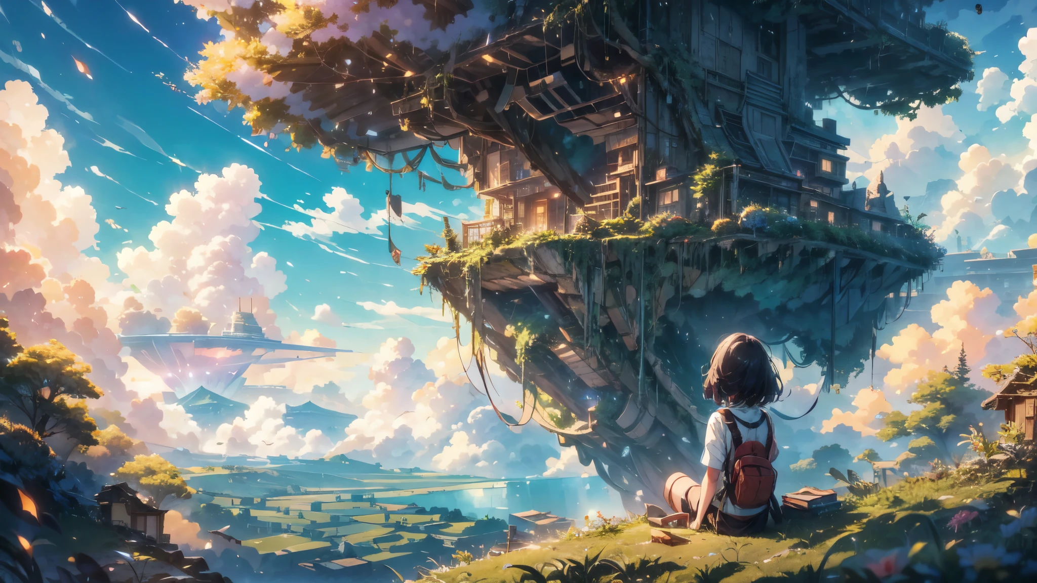 shinkai Mokoto and Ghibli anime style, from behind,above the cloud,a girl in adventure outfit sitting on a mossy stage looking at the majestic lost city and the giant world tree next to it, lost city above the cloud and towering sky, magical glowing partical, vibrant dreamy colorful sky and fluffy clouds, books, apple, glasses, calm,petal,wind blowing hair,sun shine