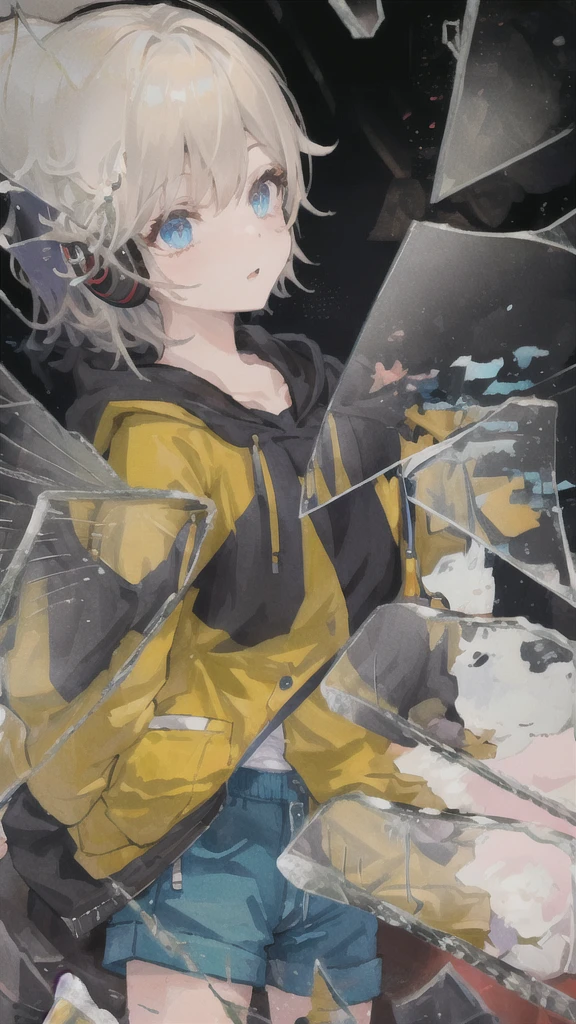 ((top-quality))、((masterpiece))、((ultra-detailliert))、1 woman、incredibly absurdness、Oversized hoodies、headphones、Street、plein air、Rain at night、neons、Shortcut Hair、Brightly colored eyes、Hands in pockets、shortpants、water dripping