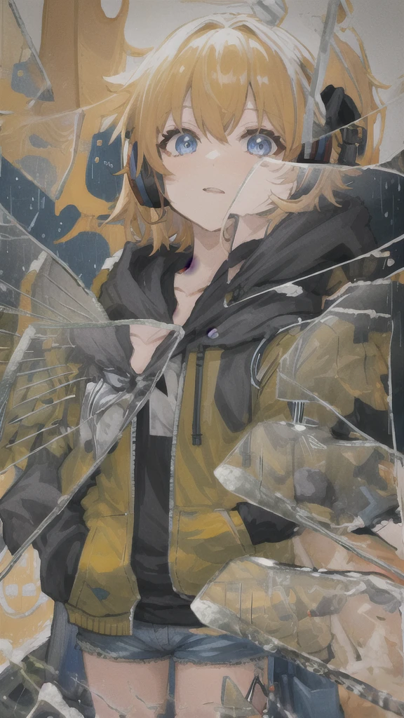 ((top-quality))、((masterpiece))、((ultra-detailliert))、1 woman、incredibly absurdness、Oversized hoodies、headphones、Street、plein air、Rain at night、neons、Shortcut Hair、Brightly colored eyes、Hands in pockets、shortpants、water dripping