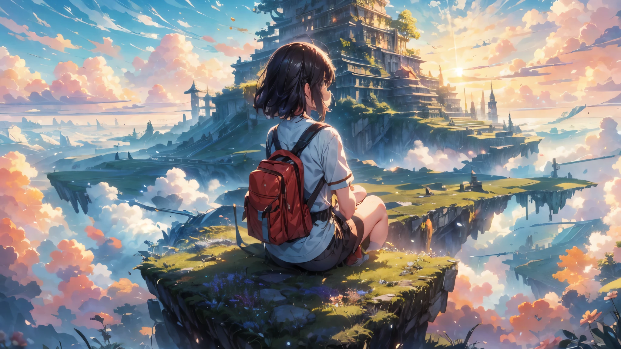 shinkai Mokoto and Ghibli anime style, from behind,above the cloud,a girl in adventure outfit sitting on a mossy stage looking at the majestic lost city and the giant world tree next to it, lost city above the cloud and towering sky, magical glowing partical, vibrant dreamy colorful sky and fluffy clouds, books, apple, glasses, calm,petal,wind blowing hair,sun shine