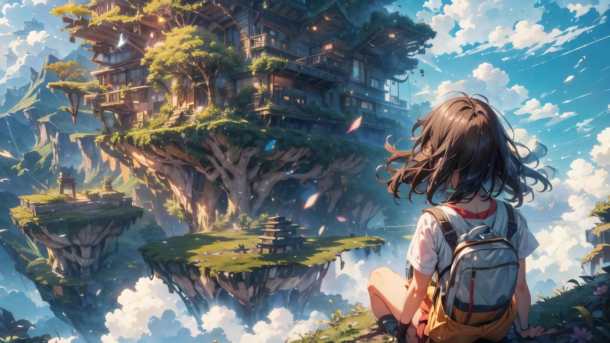 shinkai Mokoto and Ghibli anime style, from behind,above the cloud,a girl in adventure outfit sitting on a mossy stage looking at the majestic lost city and the giant world tree next to it, lost city above the cloud and towering sky, magical glowing partical, vibrant dreamy colorful sky and fluffy clouds, books, apple, glasses, calm,petal,wind blowing hair,sun shine