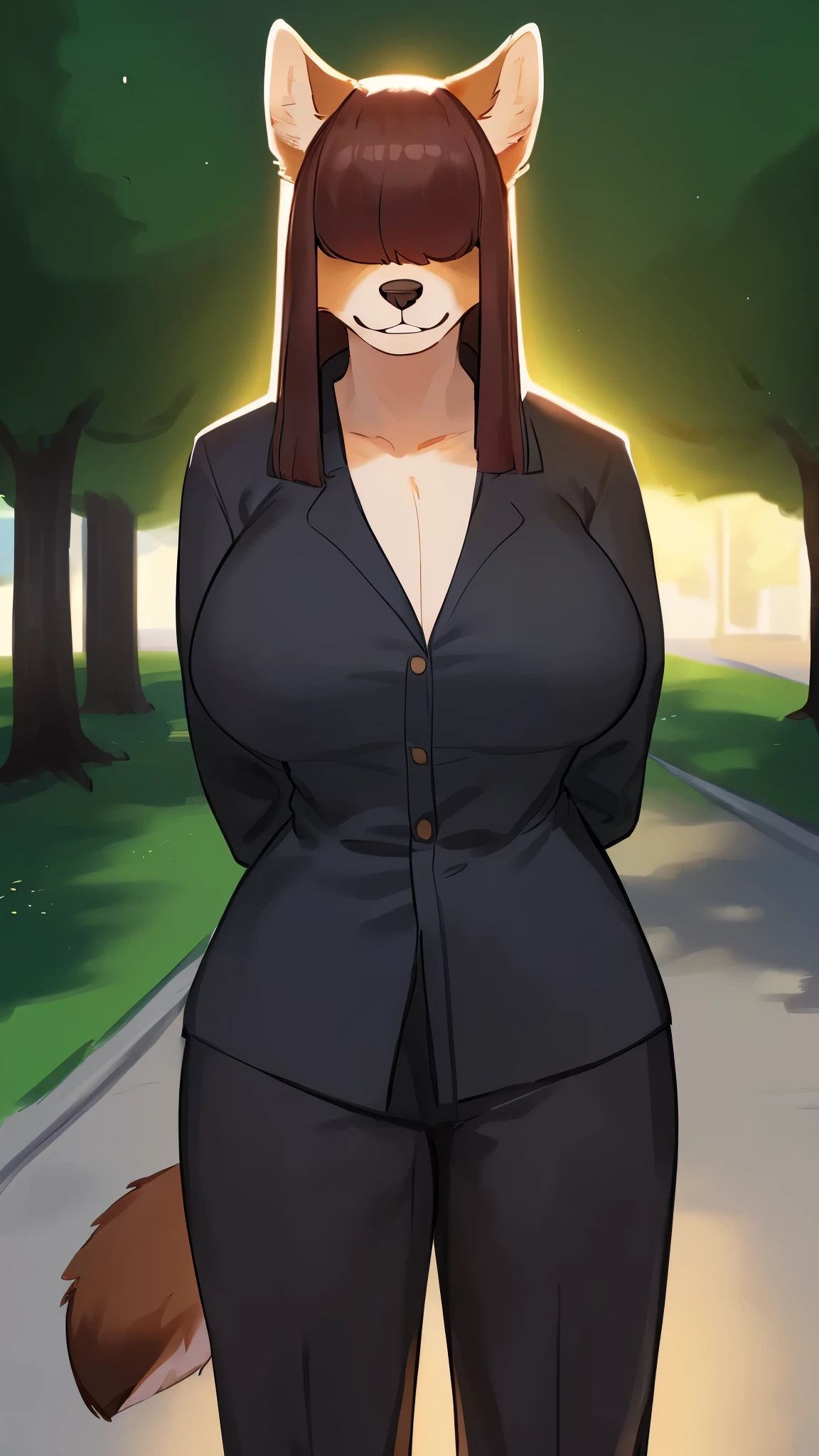 By bebebebebe, by lostgoose, by goonie-san, female, ((canine, snout, hair covering eyes, straight hair, medium hair, flat hair, ears, thin snout)), brown fur, (big poofy tail, raised tail), dark maroon hair, (muscular), (big breasts), solo, (white button up shirt, black dress pants), holy light, rim lighting, hands behind back, standing, park, smiling, smirking, charismatic, ((looking at viewer))