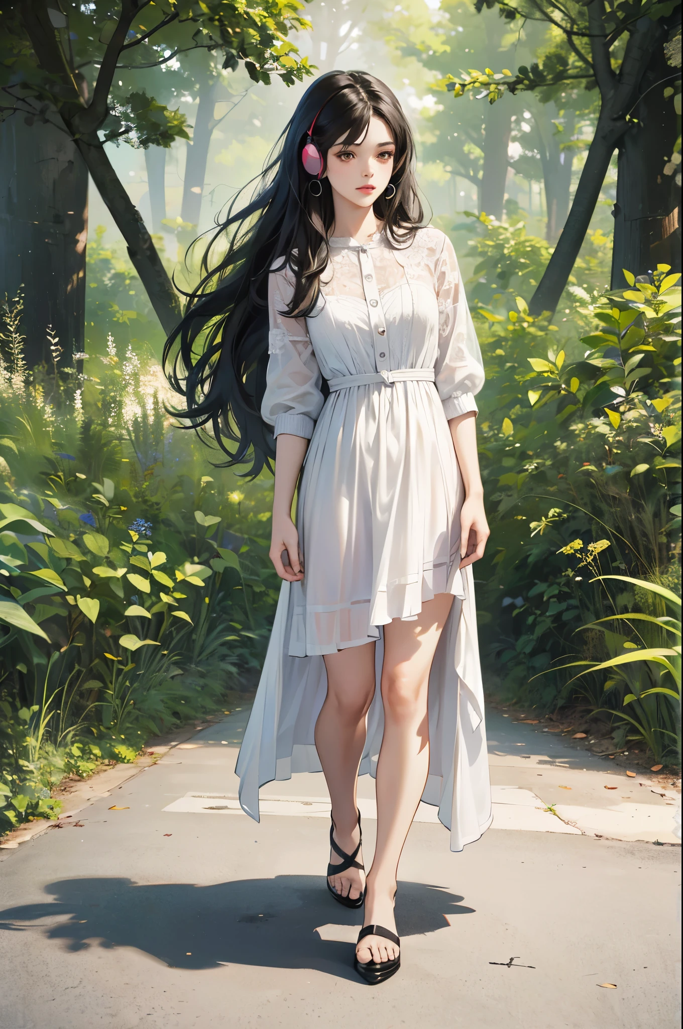 (absurdres, highres, ultra detailed, realistic, ), 1 18year-old，girl, solo, elegance， long black hair, ,short white dress,brown eyes, (headphone)，forest background, ultra - detailed, best quality, Detailed diagram, vectorized, 8K,  Graphic design, vector lines, Full-HD，full body