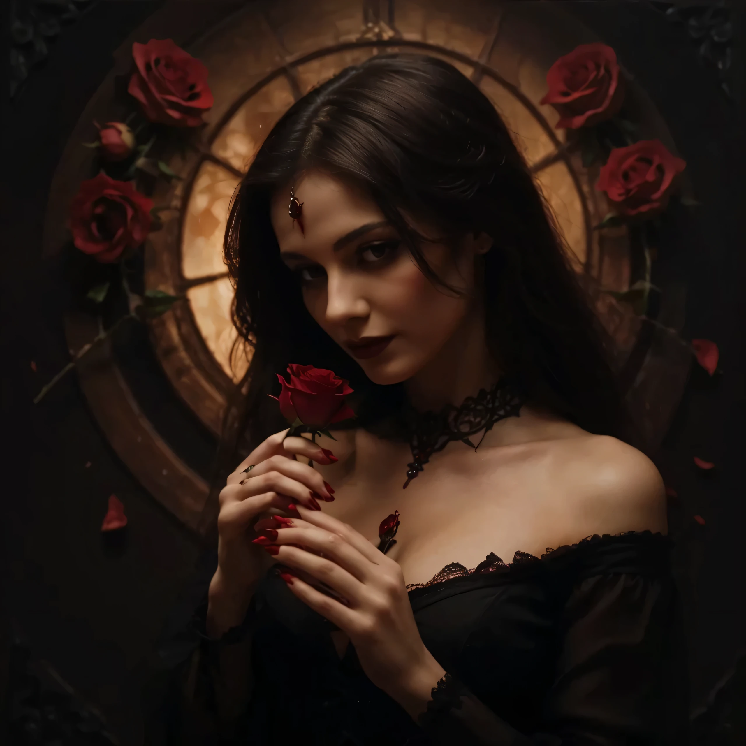 (Mejor calidad,high resolution:1.2),oil painting,mano de mujer detallada,centrado,sosteniendo una rosa roja,fading petals,Gothic style,oscuro y vibrante, Detalles de BLOOD,small flickering flame