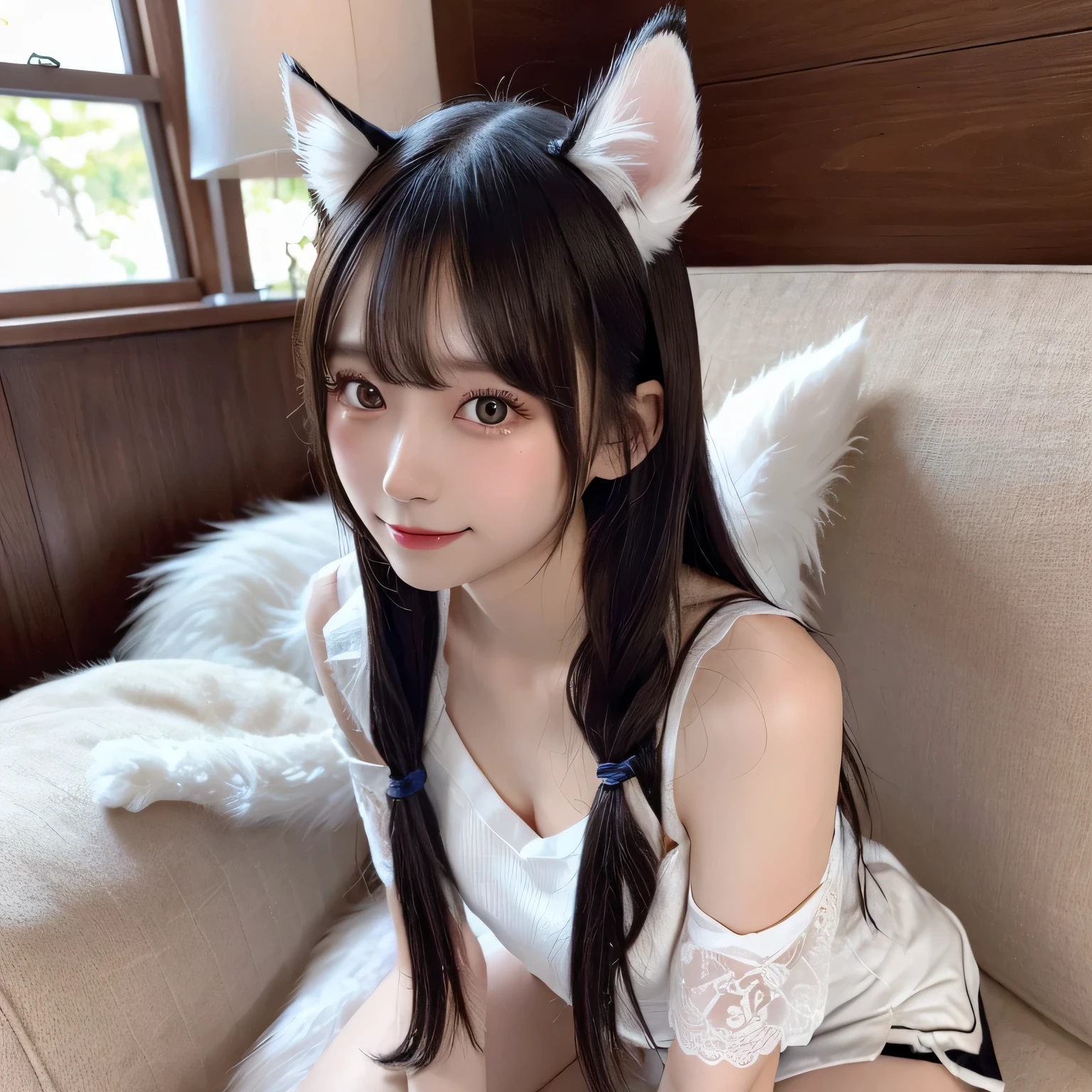 on the table, best quality, illustration, Super detailed, fine details, high resolution, 8k wallpaper, Perfect dynamic composition, Beautiful and delicate eyes,whole body摄影,show your whole body、collared shirt、mini skirt,thin and transparent、long gray hair, Bold sexy pose,Smile,Harajuku、20 year old girl、Eyeliner、beautiful bangs、hair between eyes、((masterpiece、top quality、Super detailed、movie light、intricate details、high resolution、Very detailed))、background for this、8 kood、digital SLR、soft light、high quality、film grain、富士XT3 、shallow view deep、natural soft light、Kamimei、See the knees, set on sofa,Look at the sexy shots of the lens、Above the legs、whole body、Vest、suit、 铅笔mini skirt、Holding a bouquet of flowers、side view,cat ears ,cat ears , furry tail, furry tail,furry paws,furry paws