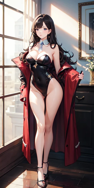 ((best quality)), ((masterpiece)), (detailed),full body anime picture of a female organization leader's secretary, red and purple outfit , 1 person , sleeveless strapless outfit , gown , leotard , coat , girl