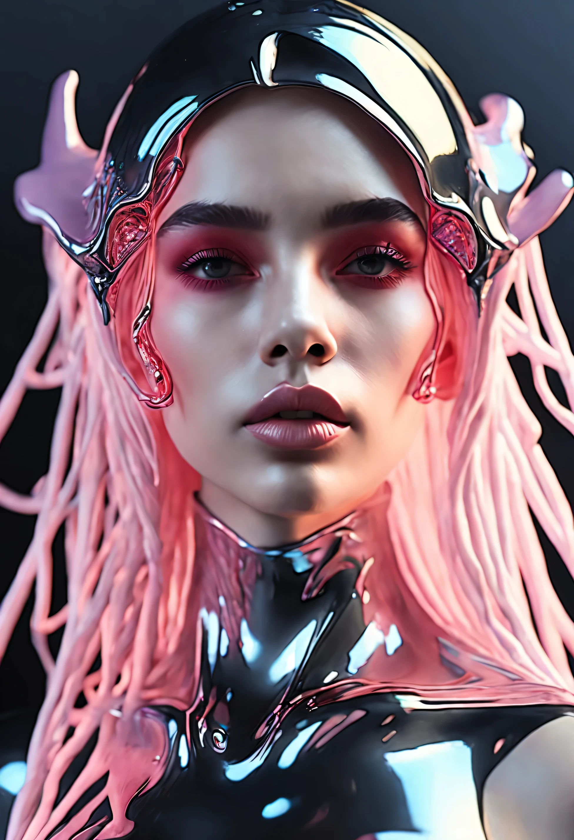 Movie般的 photo simple background, pink eyes, slime \(substance\), melt, liquid, glowing eyes, black background, mercury, open lips, 滴water, water, 1 girl, long hair, portrait, looking at the audience, mask, Very detailed, Movie般的, Single focus, drama性的光, beautiful, elegant, complex, futuristic, rich deep color, drama, Astonishing, attractive
 . 35mm photo, Movie, Bokeh, professional, 4K, Very detailed