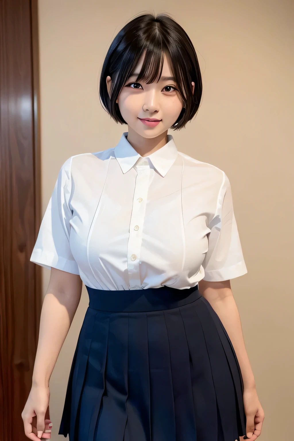 (narrow eyes:1.1), frontal shot , From the middle , (black eye), (japanese woman), 1 girl, short hair, (small eyes:1.1), very beautiful 17 year old girl, beautiful breasts:1.5, (highly detailed eyes:1.2), (beautiful breasts:1.1), bangs, (thick legs, huge hips, thick thighs), (white teeth), perfect skin, Fair skin, tight waist, light blush, alone, looking at the viewer, light smile, (white shirt, crew , dark blue pleated skirt:1.2)