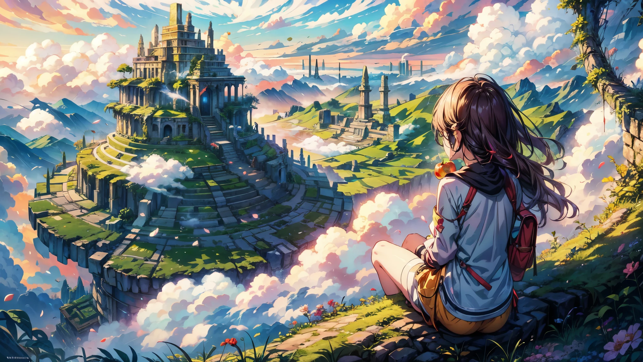 shinkai Mokoto and Ghibli anime style, from behind,above the cloud,a girl in adventure outfit sitting on a mossy stage looking at the majestic lost city and the giant world tree next to it, lost city above the cloud and towering sky, magical glowing partical, vibrant dreamy colorful sky and fluffy clouds, books, apple, glasses, calm,petal,wind blowing hair,sun shine