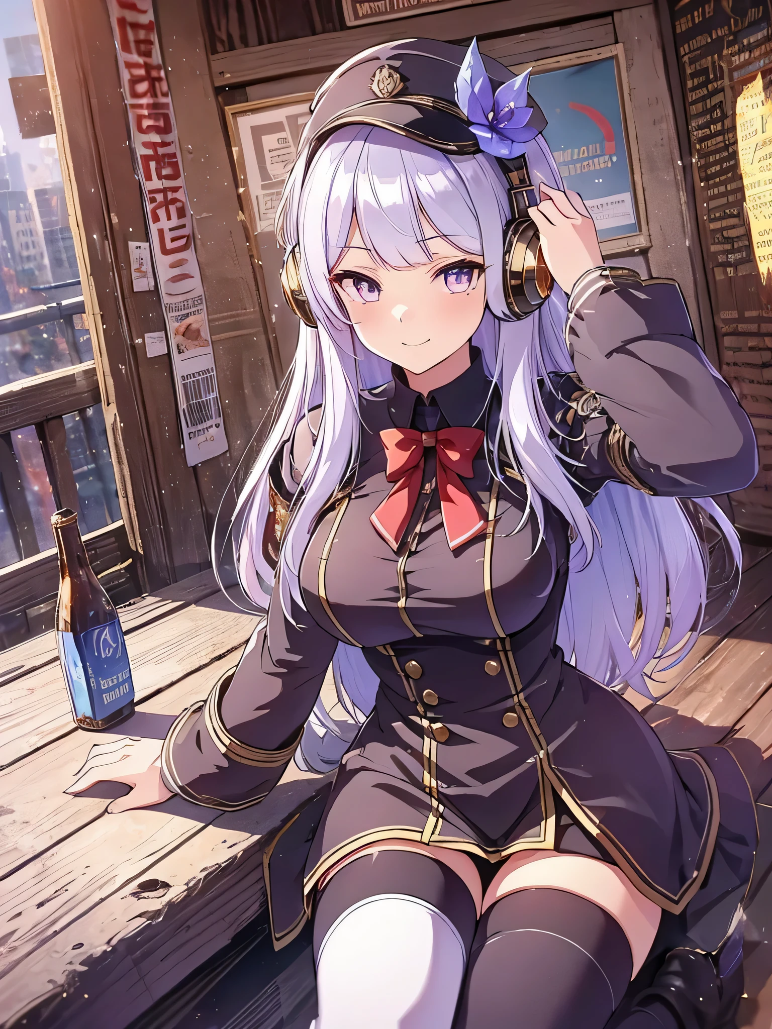 highest quality、whole body、Slender beauty、Gold Ship、1 girl ,((vibrant purple eyes)))、straight hair、keep bangs the same length、Patsun、(((gray hair color)))、bright silver hair、red boater hat、red dress、sleeveless、beautiful big breasts、sit on top,highest quality,table top, magic , Princess, adventurous girl, smile、zettai ryouiki,perfect handss,turn your arms behind your back、be quiet, From above,yoga poses、the most spectacular scenery in the world,Pose that emphasizes the chest,perfect hands、arm lock,headphones、ゲーミングheadphones