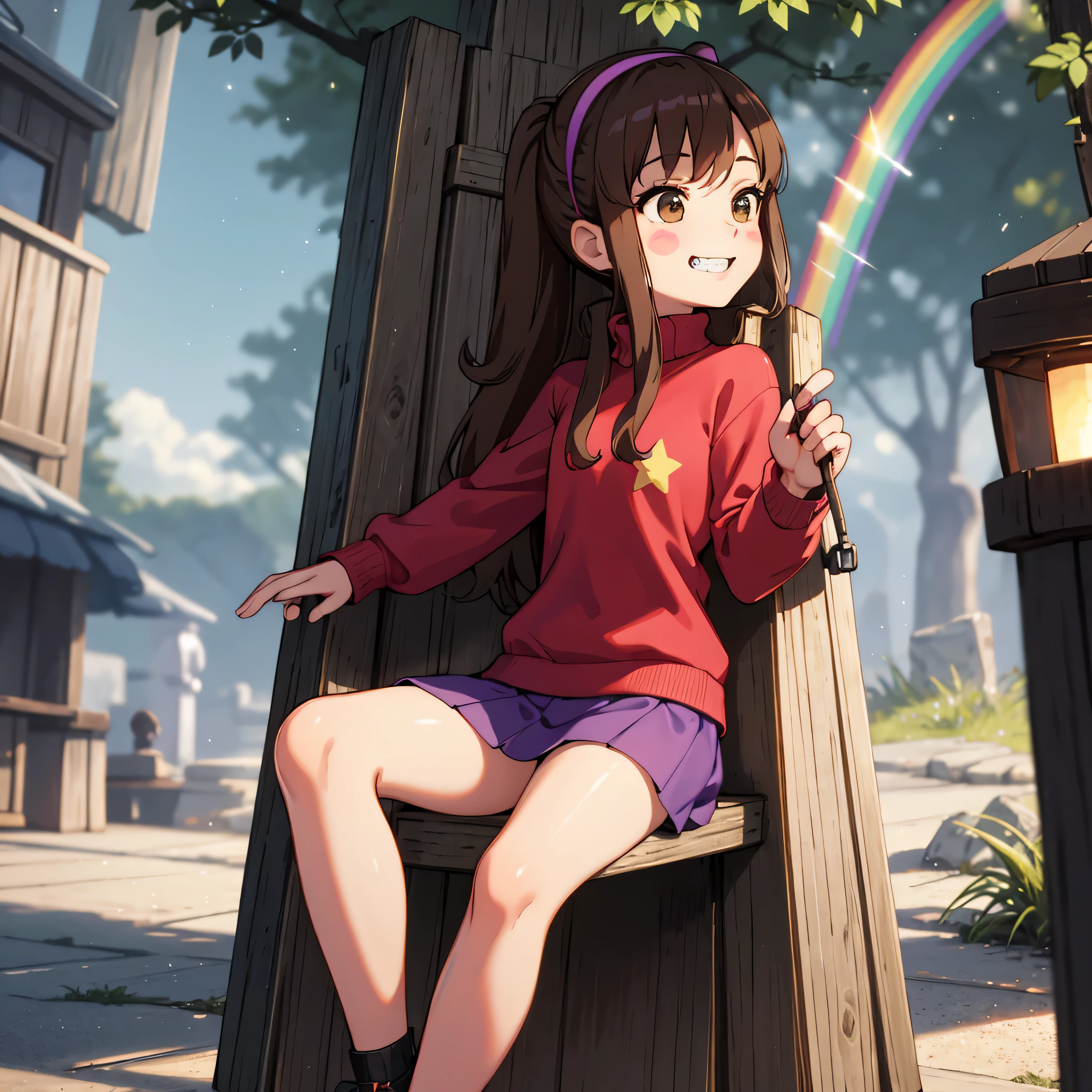 day, mabel pines ,sitting,anime style,masterpiece,best quality,Mabel,1girl, wallpaper, landscape,  depth of field, night, light particles, light rays, sidelighting, thighs, fate \(series\) solo,upper body,long hair,red sweater,long sleevess,brown hair,black eyes,pink hairband ,rainbow,star \(symbol\),rainbow, purple skirt,smile ,blush stickers ,round teeth,buck teeth ,tree,blue sky, gagged girl, tied to a pole, gagged with rag, secured to a pole kidnapped, hands behind pole