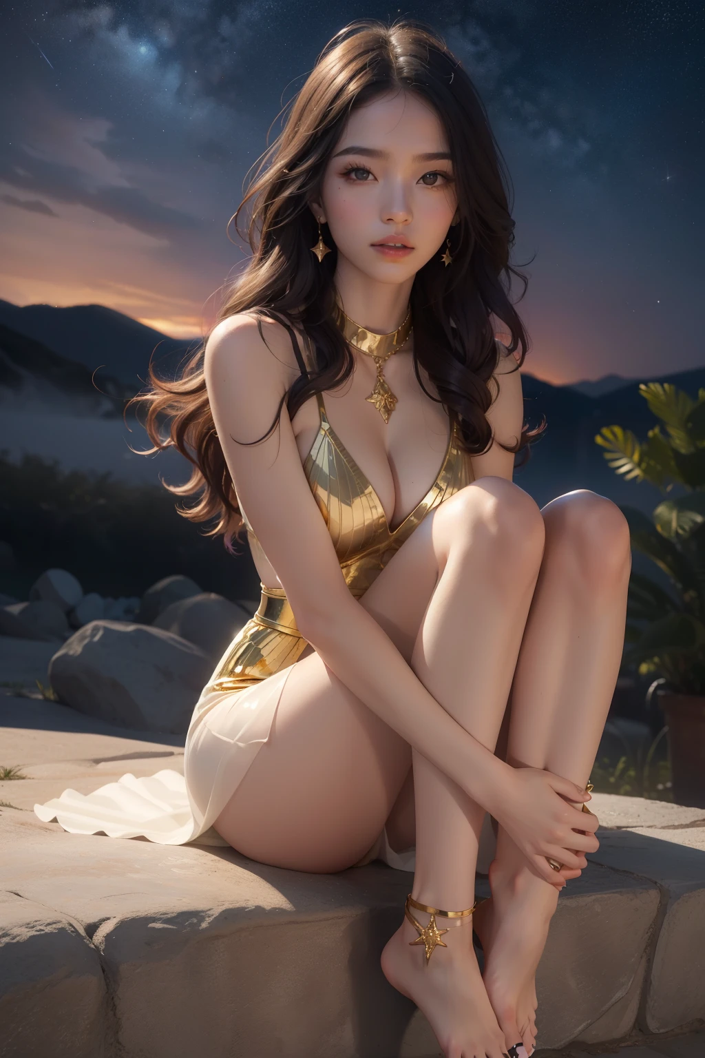 (1 girl:1.3), Solo, __body-parts__, Official Art, Unity 8k Wallpaper, Ultra Detailed, Beautiful and Aesthetic, RAW, Super Fine Photo, Ultra High Resolution, Photorealistic Photorealism, Sunlight, Full Body Portrait, Amazing Beauty, Delicate Face, Vibrant Eyes, (from the front), Detailed Face, Gorgeous, Highly Detailed Skin, Realistic Skin Details, Visible Pores, Sharp Focus, Volume Fog, 8K uhd, DSLR, fair skin, photo realism, breasts, open eyes, skinny, transparent, gold accessories, gorgeous accessories, complex, delicate lips, long hair, medium breast, closed lips, asian girl, goddess, medium breasts, Translucent white long dress, Full body image, long hair, purple hair, hair strand, long legs, Leaking legs, Slender figure, starry sky background, Long flowing hair, Gold belt,  girl&#39;s face, Transparent white long dress, green pupils, sitting, Legs straight, Leaked confession, barefoot, without wearing shoes, Show feet, face close-up, feet on camera, stripe na testa, Correct anatomy of the foot, foot anatomy, Sexy feet, Feet pointing towards viewer, Detailed feet, Gaze at the audience with sexy eyes, Legs extended towards the viewer, barefoot, Feet up, film grain, masterpiece, best quality, best quality, high quality