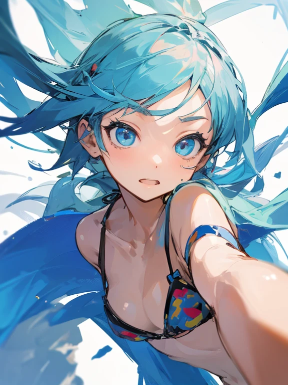 one girl、random facial expressions、random hairstyle、bikini、dynamic angle、don't look at the audience、Simple white background