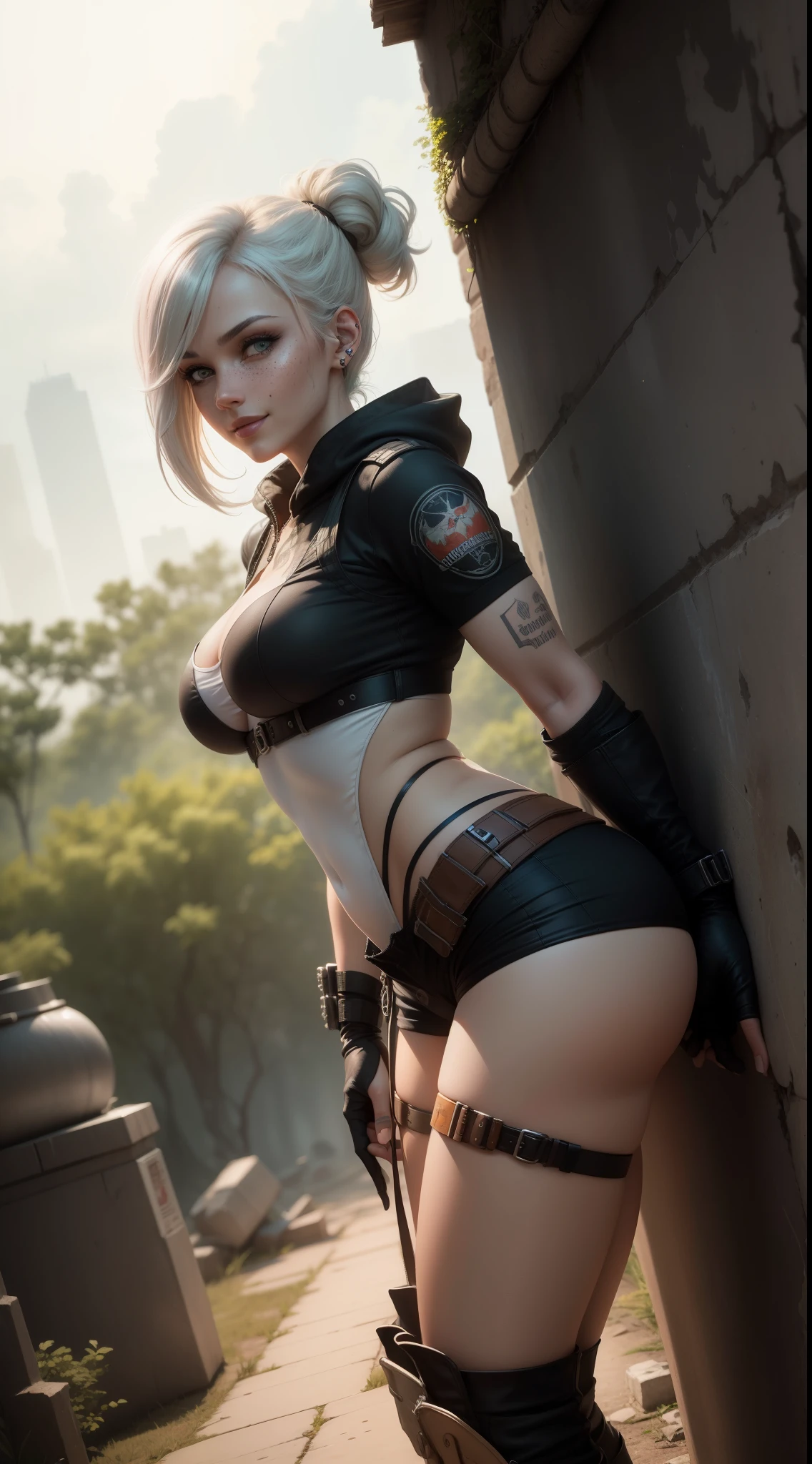 gwen tennyson,yorha 2b,lara croft,jill valentine,overwatch,tomb raider,close up, amazonian jungle ruins,tattoos,white and orange plugsuit,white short sleeve military leotard,sleeveless military hoodie,hunter micro shorts,military harness,short punk hair,punk makeup,green eyes,multicolored silver hair, military gloves,sexy smile,freckles,beautiful girl,tall military boots,large breasts,8k,ultra detailed,realistic,fantasy art,fighting pose, military uniform,hair pin,ear piercings,(weather:windy),1girl,military gear,