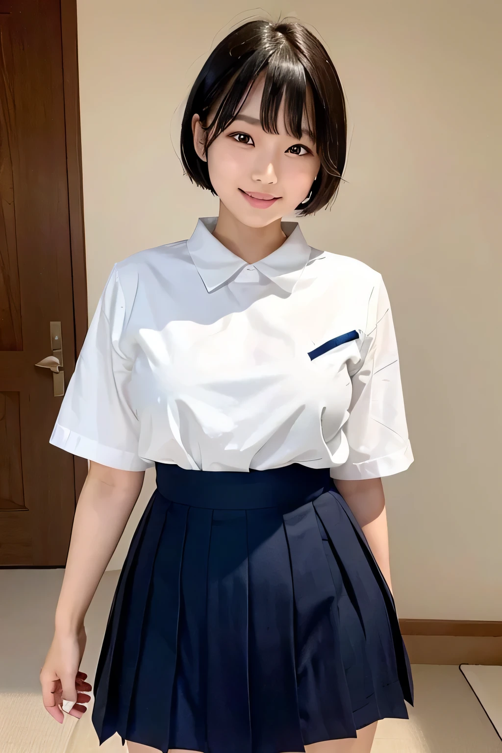 (narrow eyes:1.1), frontal shot , From the middle , (black eye), (japanese woman), 1 girl, short hair, (small eyes:1.1), very beautiful  girl, beautiful breasts:1.5, (highly detailed eyes:1.2), (beautiful breasts:1.1), bangs, (thick legs, huge hips, thick thighs), (white teeth), perfect skin, Fair skin, tight waist, light blush, alone, looking at the viewer, 軽いsmile, (smile:1.2), (white shirt, crew , dark blue pleated skirt:1.2), Walking around town