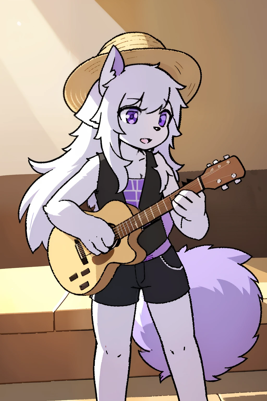 the only person，hairy male，hairy body，exhibit，Coyotes，canine，gray fur，long white hair，The ends of the hair are purple，purple eyes，being bullied，charming，Handsome，big tail，Full body female love，Play the guitar，Summer vest，Summer shorts，straw hat，fresh，Sunlight，Full of energy，ddler，horny boy