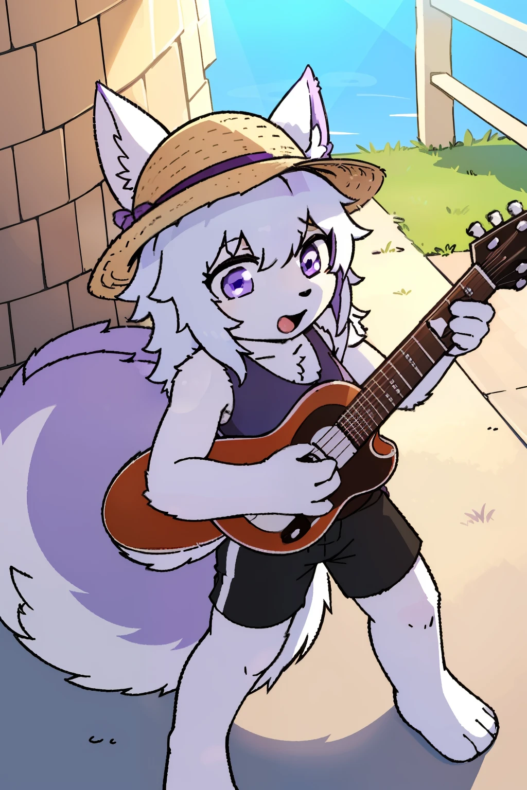 the only person，hairy male，hairy body，exhibit，Coyotes，canine，gray fur，long white hair，The ends of the hair are purple，purple eyes，being bullied，charming，Handsome，big tail，Full body female love，Play the guitar，Summer vest，Summer shorts，straw hat，fresh，Sunlight，Full of energy，ddler，horny boy