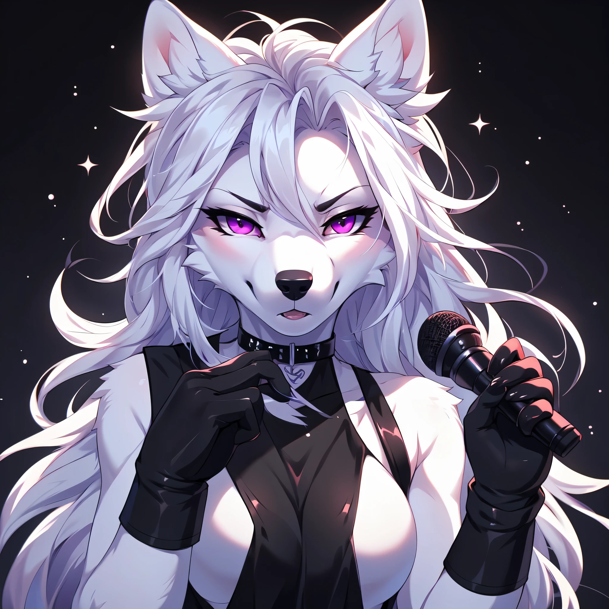  by fumiko, by hyattlen, by hioshiru, an all while female wolf, white wolf ears, cute snout, black nose, purple eyes, long white hair, mouth slightly open, serious face, determined expression, wearing black shirt, black choker, black fingerless gloves, holding a microphone, front view, close up