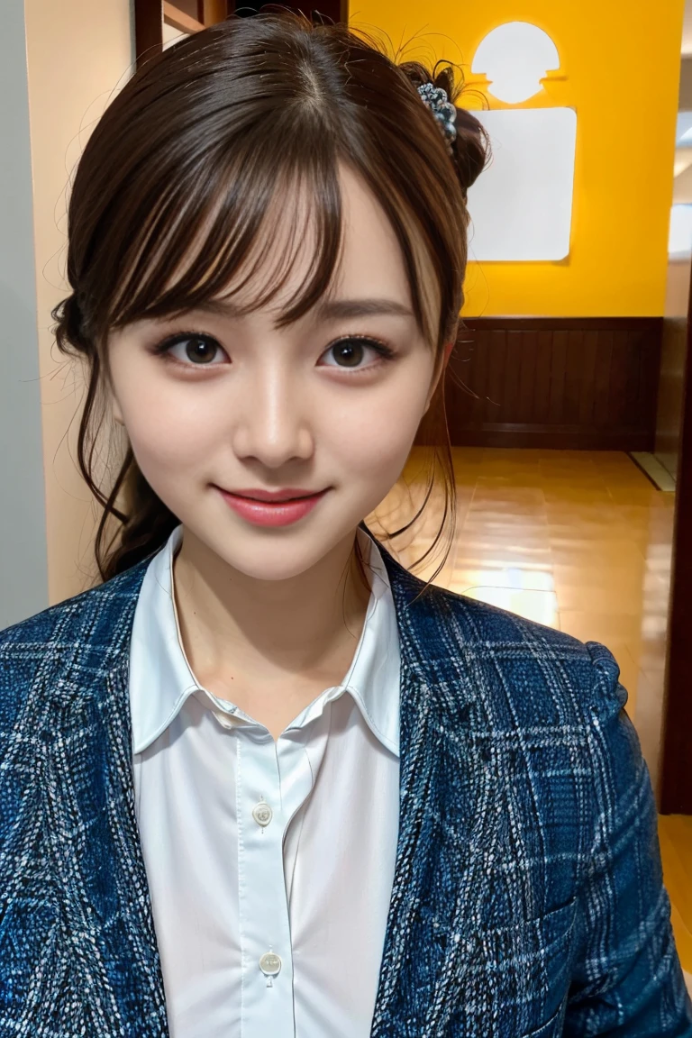 8K, (super detailed eye:1.1), From before, top view, super detailed, Very detailed CG, (masterpiece:1.1), (highest quality:1.4), Very detailed CG, (Post-processing:1.4), (Extreme, fine and beautiful:1.3), (soft illumination:1.0), (soft color:1.0), (soft volumetric lighting:1.1), (soft shadows), 1女of子, blurry, blurry_background, blurry_Qianfang, Braid, Brown_hair, closed_eye, with collar_shirt, depth_of_field, hair_that's all_shoulder, hair_Scrunchie, Jacket, length_hair, Scrunchie, Sengawa_chihiro, shirt, short_dispel, single_Braid, smile