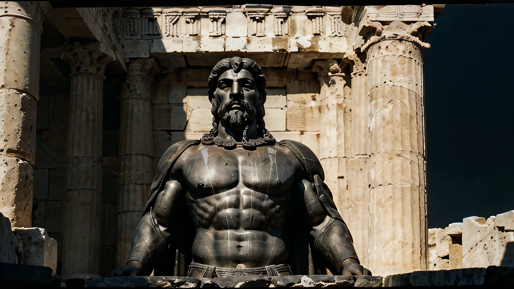 A dark landscape image of an ancient Greek society deeply connected to stoicism, black and white, ancient Greek architecture, include one single big statue of a stereotypical strong Greek man, Marcus Aurelius