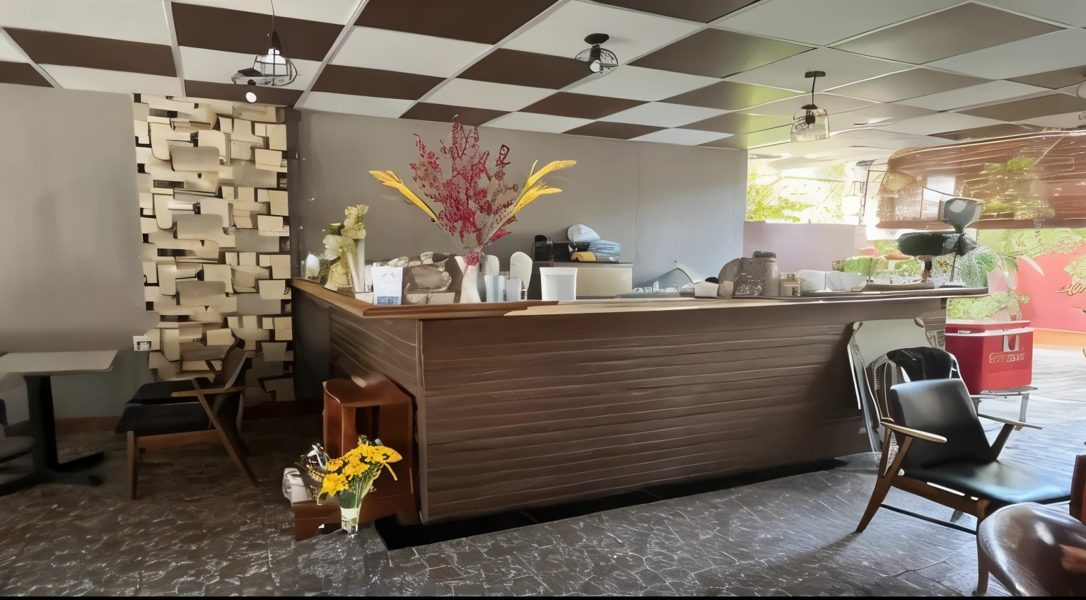 il y a un bar avec un tas de chaises et un vase de fleurs, café interior, café, comptoir, image de la liste, café, avec fond de lumière naturelle, ambiance confortable, ambiance cosy agréable, ambiance chaleureuse et joyeuse, ambiance chaleureuse et paisible, image propre, Ambiance nostalgique, restaurant, patiphan sottiwilaiphong, Belle image, Diner Caffee