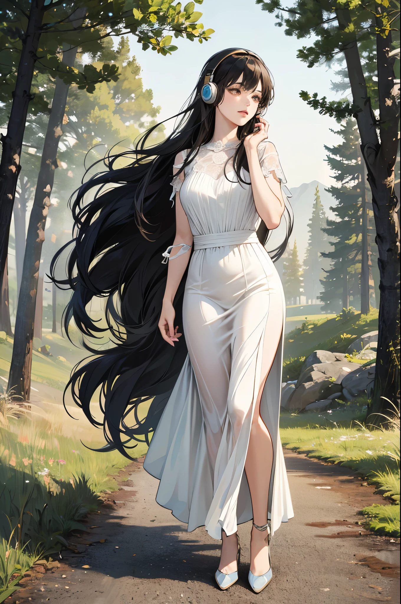 (absurdres, highres, ultra detailed, realistic, ), 1 18year-old,girl, solo, elegance, long black hair, ,short white dress,brown eyes, (headphone),forest background, ultra - detailed, best quality, Detailed diagram, vectorized, 8K, Graphic design, vector lines, Full-HD,full body