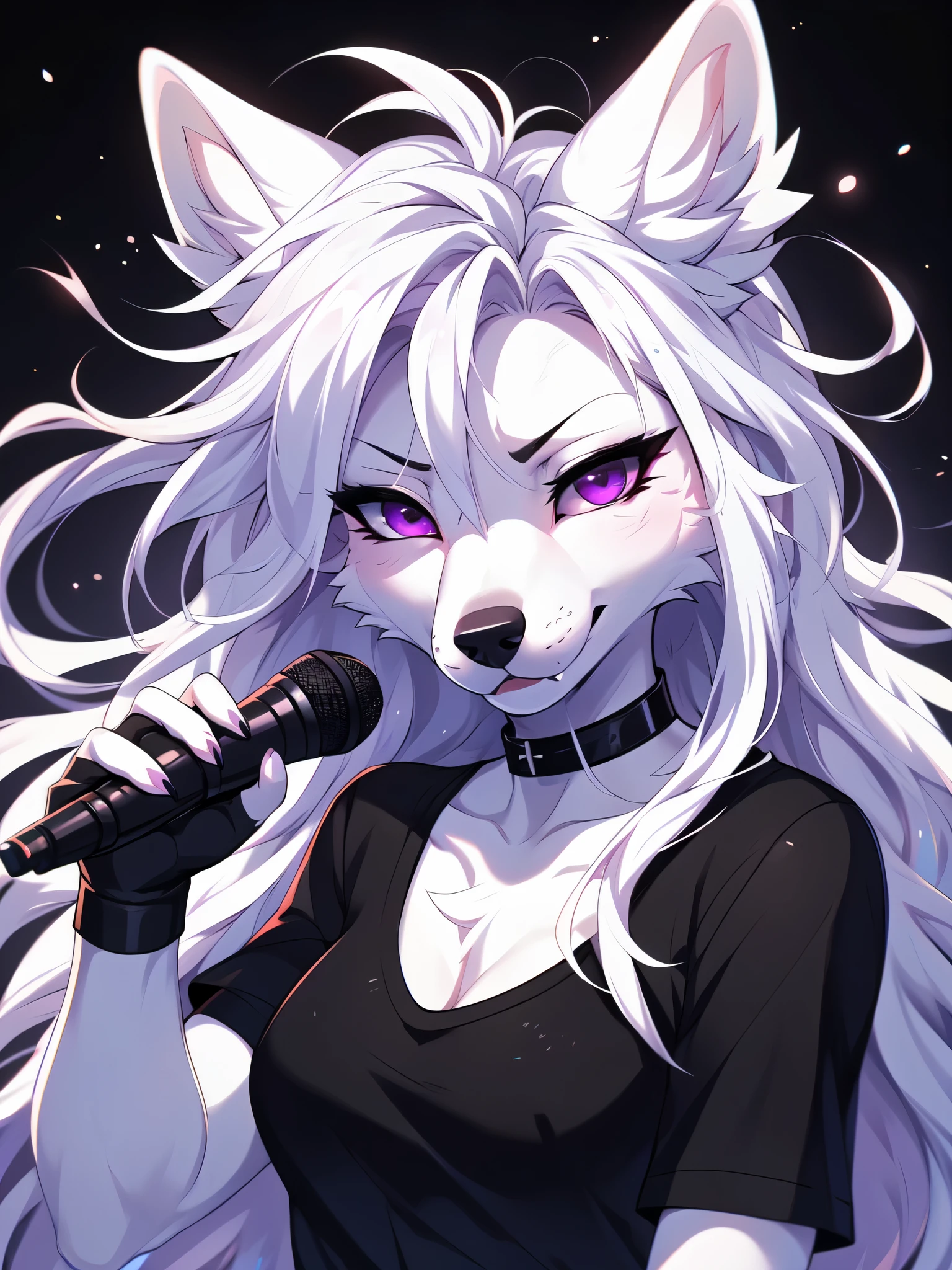  by fumiko, by hyattlen, by hioshiru, an all while female wolf, white wolf ears, cute snout, black nose, purple eyes, long white hair, mouth slightly open, serious face, determined expression, wearing black shirt, black choker, black fingerless gloves, holding a microphone, front view, close up