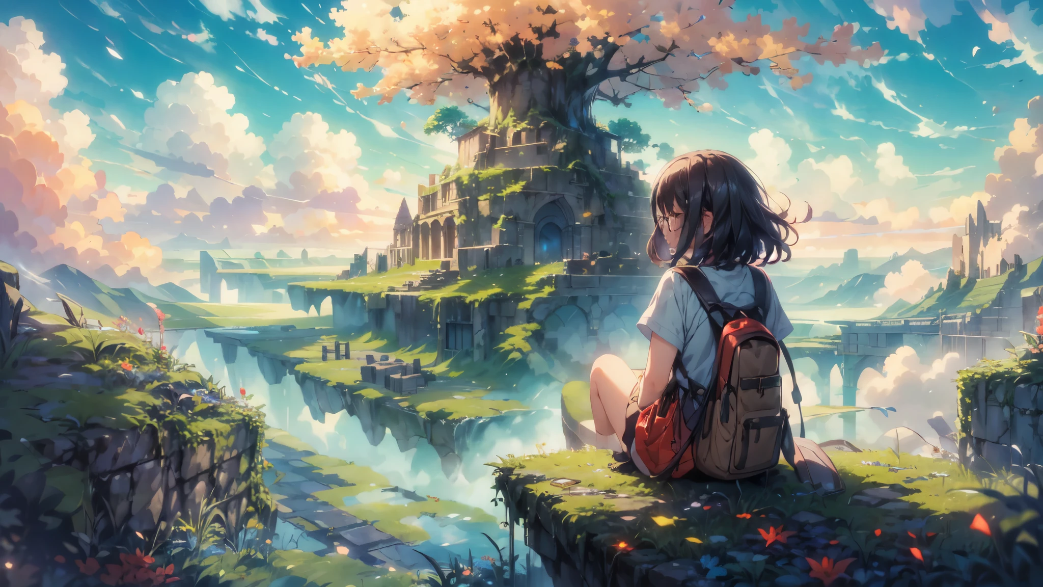 shinkai Mokoto and Ghibli anime style, from behind,above the cloud,a girl in adventure outfit sitting on a mossy stage looking at the majestic lost city and the giant world tree next to it, lost city above the cloud and towering sky, magical glowing partical, vibrant dreamy colorful sky and fluffy clouds, books, apple, glasses, calm,petal,wind blowing hair,sun shine