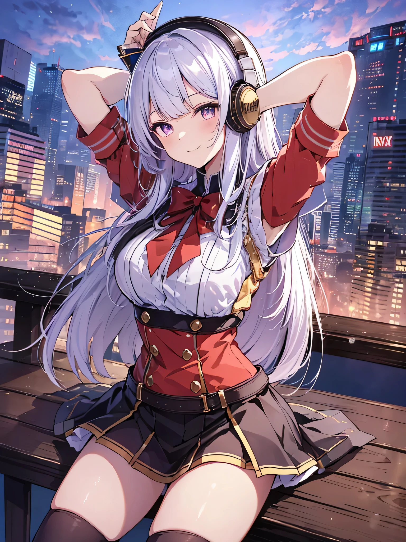 highest quality、whole body、Slender beauty、Gold Ship、1 girl ,((vibrant purple eyes)))、straight hair、keep bangs the same length、Patsun、bob hair、(((gray hair color)))、red boater hat、(((sleevelessの赤いドレス)))、sleeveless、beautiful big breasts、sit on top,highest quality,table top, magic , Princess, adventurous girl, smile、zettai ryouiki,perfect handss,turn your arms behind your back、be quiet, From above,yoga poses、the most spectacular scenery in the world,Pose that emphasizes the chest,perfect hands、arm lock,headphones、ゲーミングheadphones