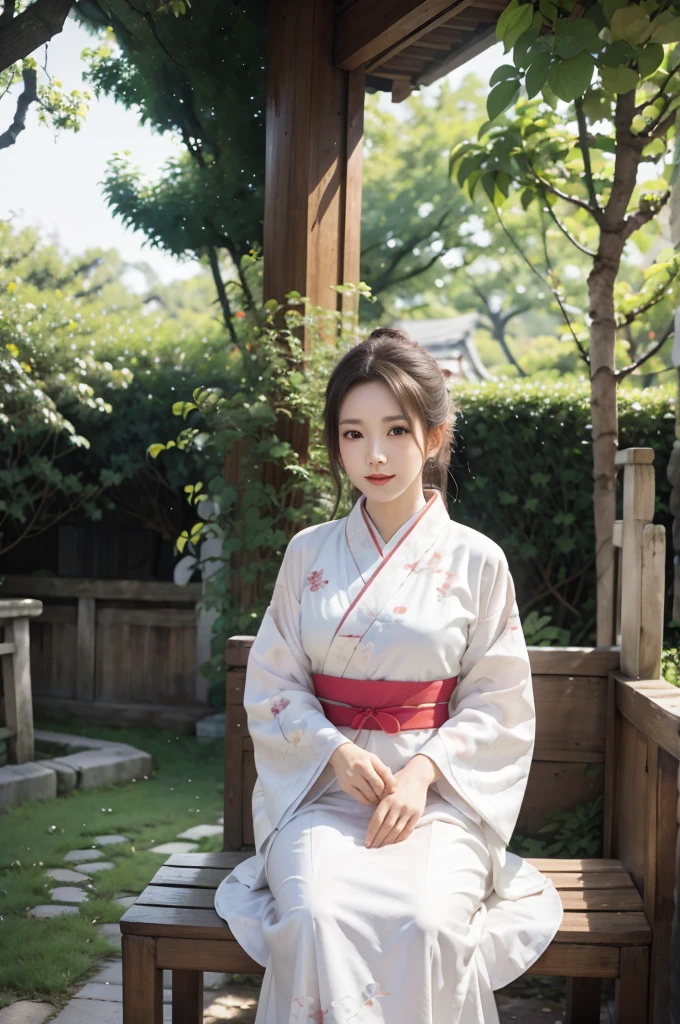 araffe woman in a white dress sitting on a bench in a garden, white hanfu, hanfu, yukata clothing, classy yukata clothing, chinese dress, in kimono, cheongsam, palace , a girl in hanfu, wearing kimono, hanbok, japanese clothes, korean hanbok, traditional chinese clothing, beautiful south korean woman