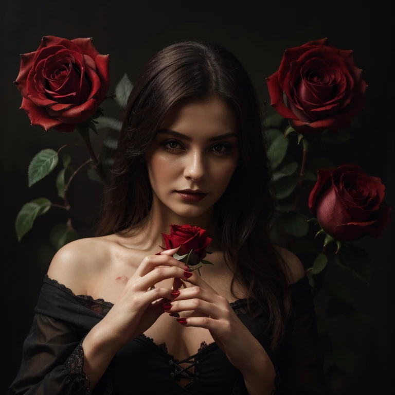 (best quality,highres:1.2),oil painting,detailed woman's hand,centered,holding a red rose,fading petals,gothic style,dark and vibrant, blood details,small flickering flame