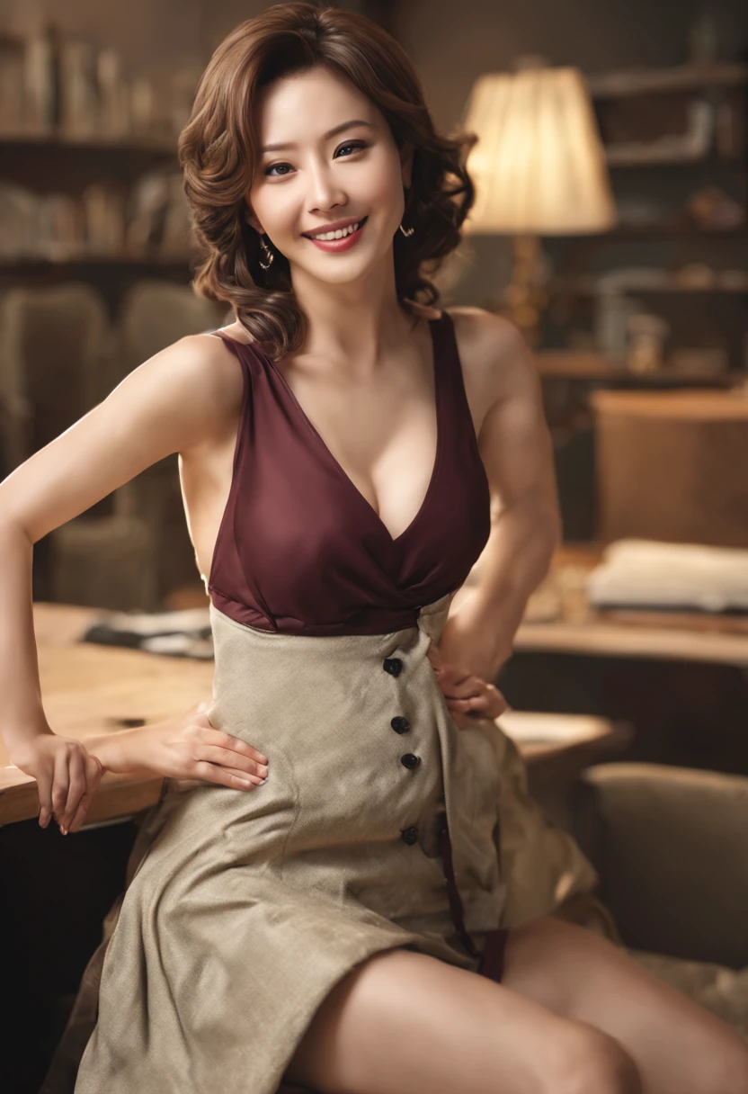 (1 Ultimate beautiful mature woman), very detailed顔, detailed lips, detailed eye, double eyelid, brunette bob hair, (grin and laugh), ((beautiful teeth)), big and full breasts, (beautiful nipples), ((full nude)), ((pubic hair)), ((full body)), (thighs thighs thighs), perfect body, perfect face, Exactly, ((Depth of bounds written)), perfect image realism, (((With background:inside the office)))、詳細なWith background, detailed costume, perfect lighting、hyper realism、Photoreal、8K maximum resolution, (masterpiece), very detailed, Professional