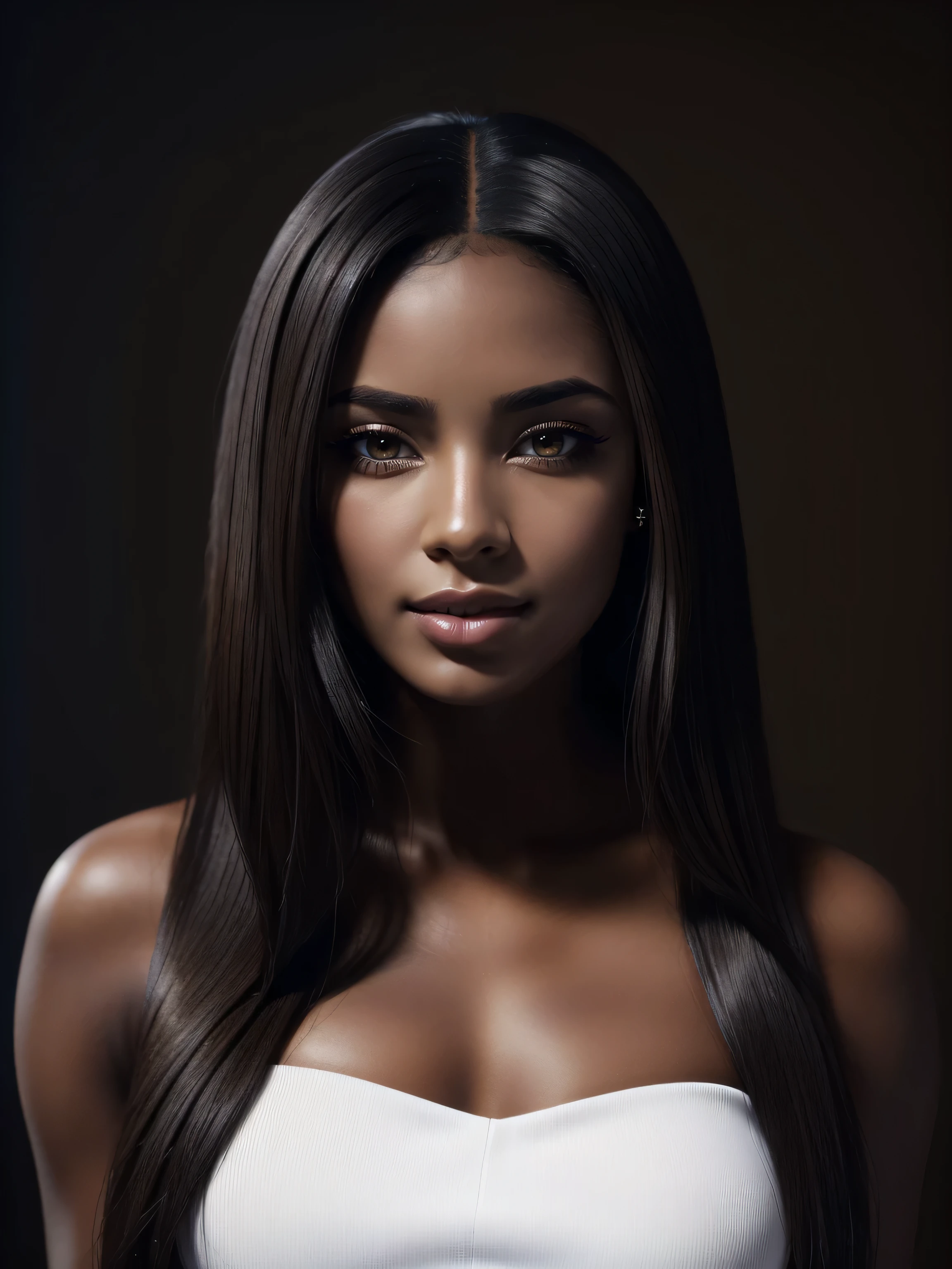 (Beautiful+attractive+cute) ebony_woman, inspired_by_young_cheryl_cole:0.8, black_ebony_woman, 20_years_woman, nerd:0.8, short_forehead:1.5, (short_face:1.2 round_face:1.4), young_facial_feautures, long_hair straight_hair black_hair:1.5, almond_eyes:1 large_eyes:0.5 brown_eyes:1.5, (brown_skin:1.9 black_skin:1.9 dark_skin:1.9), straight_nose:1 delicate_nose:1, _gorgeous_woman, feminine_cheeks big_cheeks:0.8, attractive_red_lips:0.9, light_pink_lipstick:1, round_chin, small_lips:0.8, (1Woman:1.5, (Masterpiece, 8K, best quality, highres:1.5), upper_body:1.5, looking_at_viewer:1.5, body_looking_at_viewer:1.5, white_photoshoot:1, white_room:1, white_backdrop:1.5, standing, neutral_body_posture:1.5, wistful_smile, wearing white_strapless_mini_dress)
