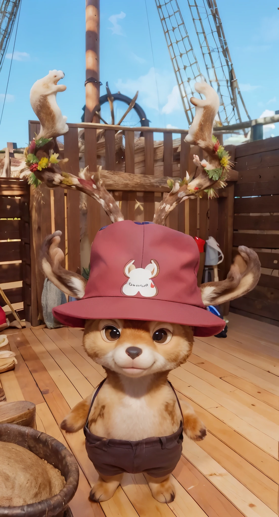 Real life adaption of this character , the face is a deer ,cute expression, realistic brown fur on the whole body,wear short pants,wear red hat with x printed on it,( realistic big deer horn on hat), realistic light, realistic shadow, realism, hyper realistic,(photorealistic:1.2), normal small eyes,ultra detail