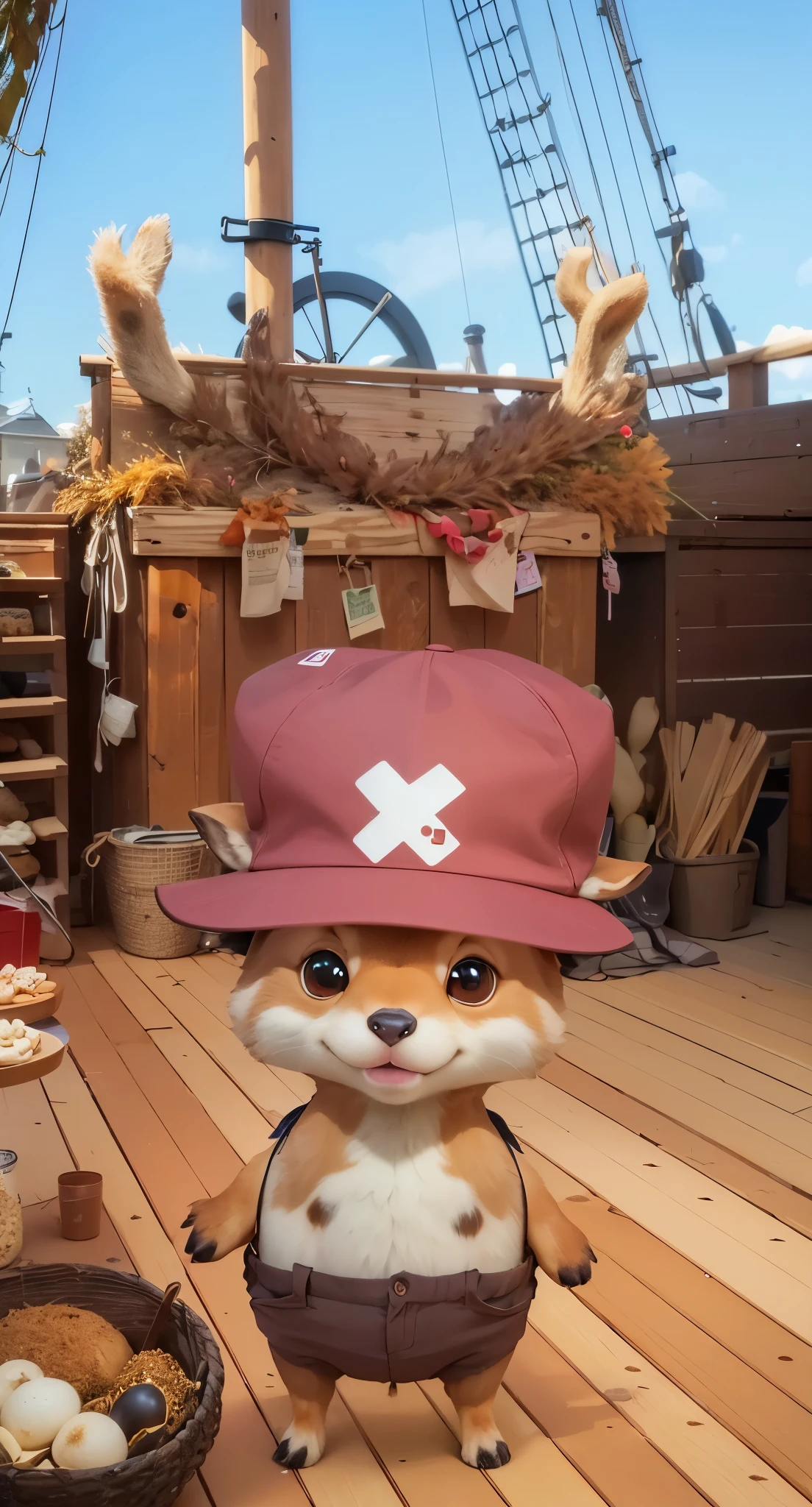 Real life adaption of this character , the face is a deer ,cute expression, realistic brown fur on the whole body,wear short pants,wear red hat with x printed on it, realistic deer horn , realistic light, realistic shadow, realism, hyper realistic,(photorealistic:1.2), normal small eyes,ultra detail