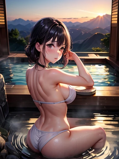 Girl relaxing in onsen, hot steam, mountain, dawn