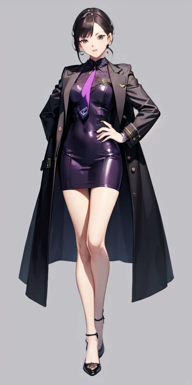 ((best quality)), ((masterpiece)), (detailed),full body anime picture of a female organization Executive, purple outfit ,  1 person , coat