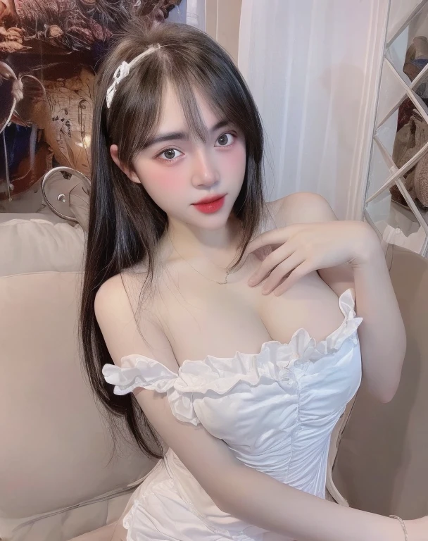 (realistic、high resolution:1.3)、 1 girl with perfect figure、selfee、((white skin:1.3))、big breast、white bikini、looking at viewers、super fine face and eyes、long hair、 in bedroom, sit on the bed、upper body、half body