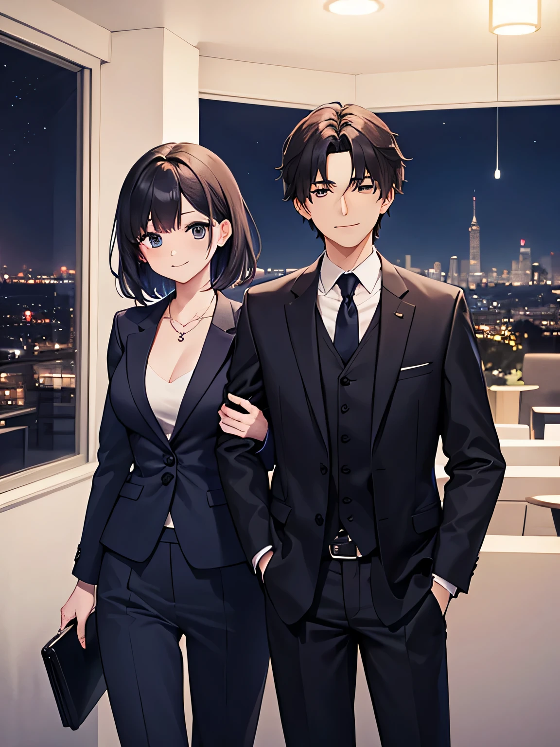 (1) there is a couple, men and women, And the two of them are looking at the night view together..
(2) Woman is wearing a suit, V-neck inner, And I have medium hair.
(3) Man is wearing a suit.
(4) both are laughing.
(5) The place is an observatory where you can see the night view.