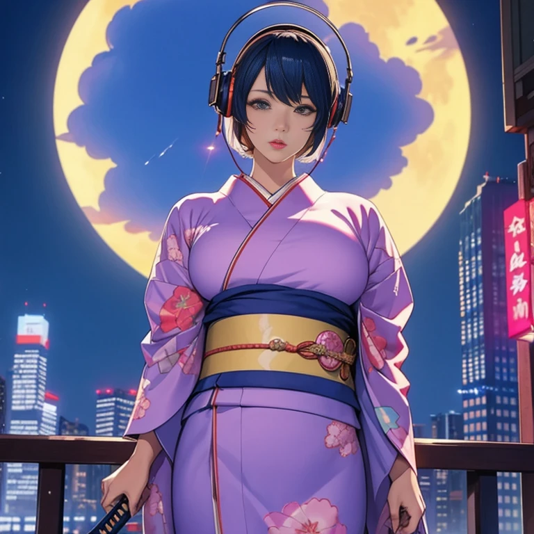 huge moon and skyscrapers、colorful kimono、one woman、headphones、short hair（arms、Katana、have a weapon）、like the photo、sparkling、computer、thunder、cinematic light、８K、very detailed and beautiful、