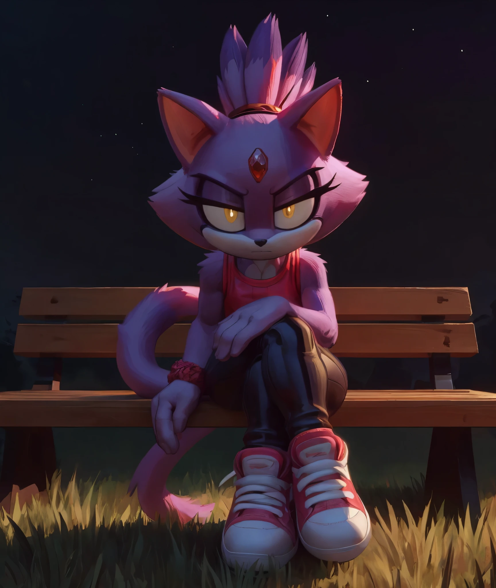 [Blaze the cat], [Uploaded to e621.net; (Pixelsketcher), (wamudraws)], ((masterpiece)), ((HD)), ((High res)), ((furry)), ((solo portrait)), ((front view)), ((full body)), ((feet visible)), ((detailed fur)), ((detailed shading)), ((cel shading)), ((beautiful render art)), ((intricate details)), {anthro, purple fur, black nose, cat ears, (cute yellow eyes), (glowing eyes), (red gem on forehead), long tail, (tied-up hair), (curvy hips), (beautiful legs), (intimidating expression)}, {(tight sleeveless white yoga bodysuit), (red-pink sneakers)}, {(sitting on bench), (crossed legs), (glaring at viewer)}, [background; (park), (grass plains), (street lights), (sunrise), (sun rays), (starry sky), (ambient lighting)]