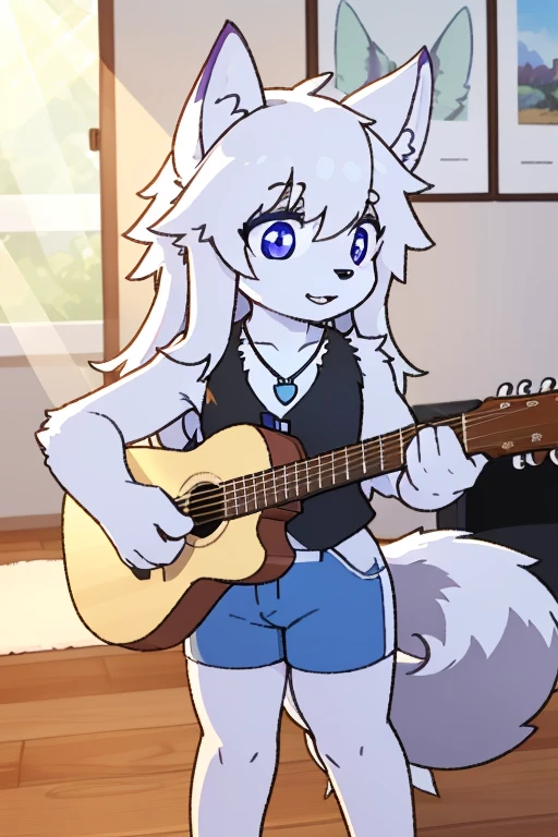 the only person，hairy male，hairy body，exhibit，Coyotes，canine，gray fur，long white hair，The hair ends are blue，purple eyes，being bullied，charming，Handsome，big tail，Full body female love，Play the guitar，Summer vest，Summer shorts，necklace，fresh，Sunlight，Full of energy，toddler，horny boy，In the studio